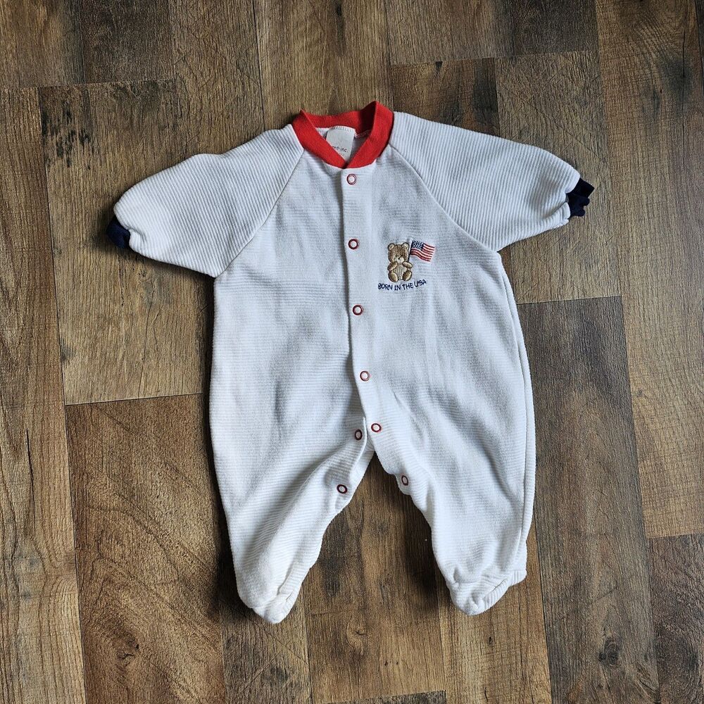 Vintage 80s Kent Footed Romper - Baby 0-3 Months - "Born In The USA" Embroidered